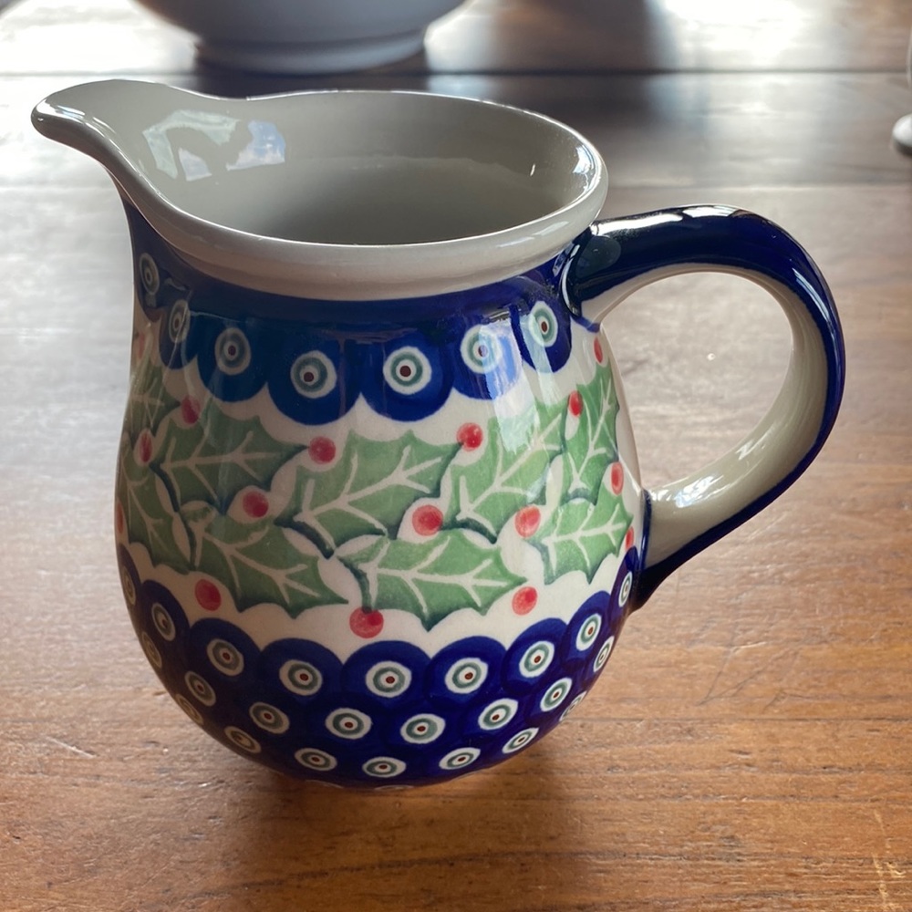 Boleslawiec Polish hand made Pottery Christmas holly pattern handled pitcher